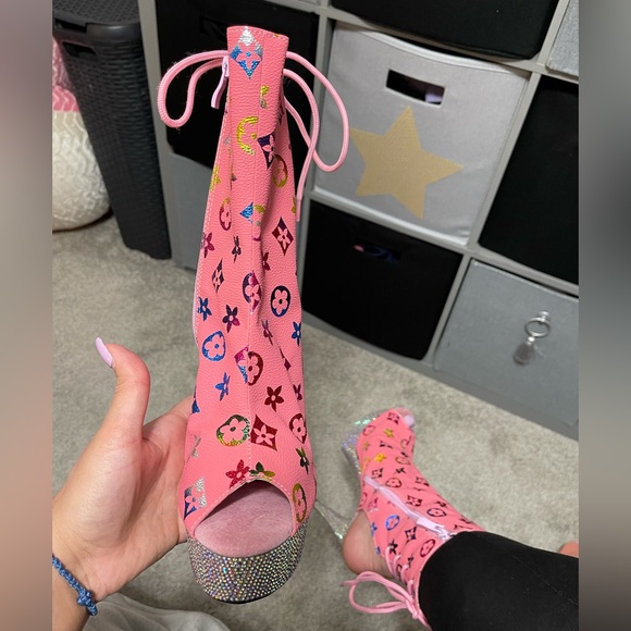 Bejeweled Rhinestone Platform Ankle Boots- Pink - Picture 3 of 5